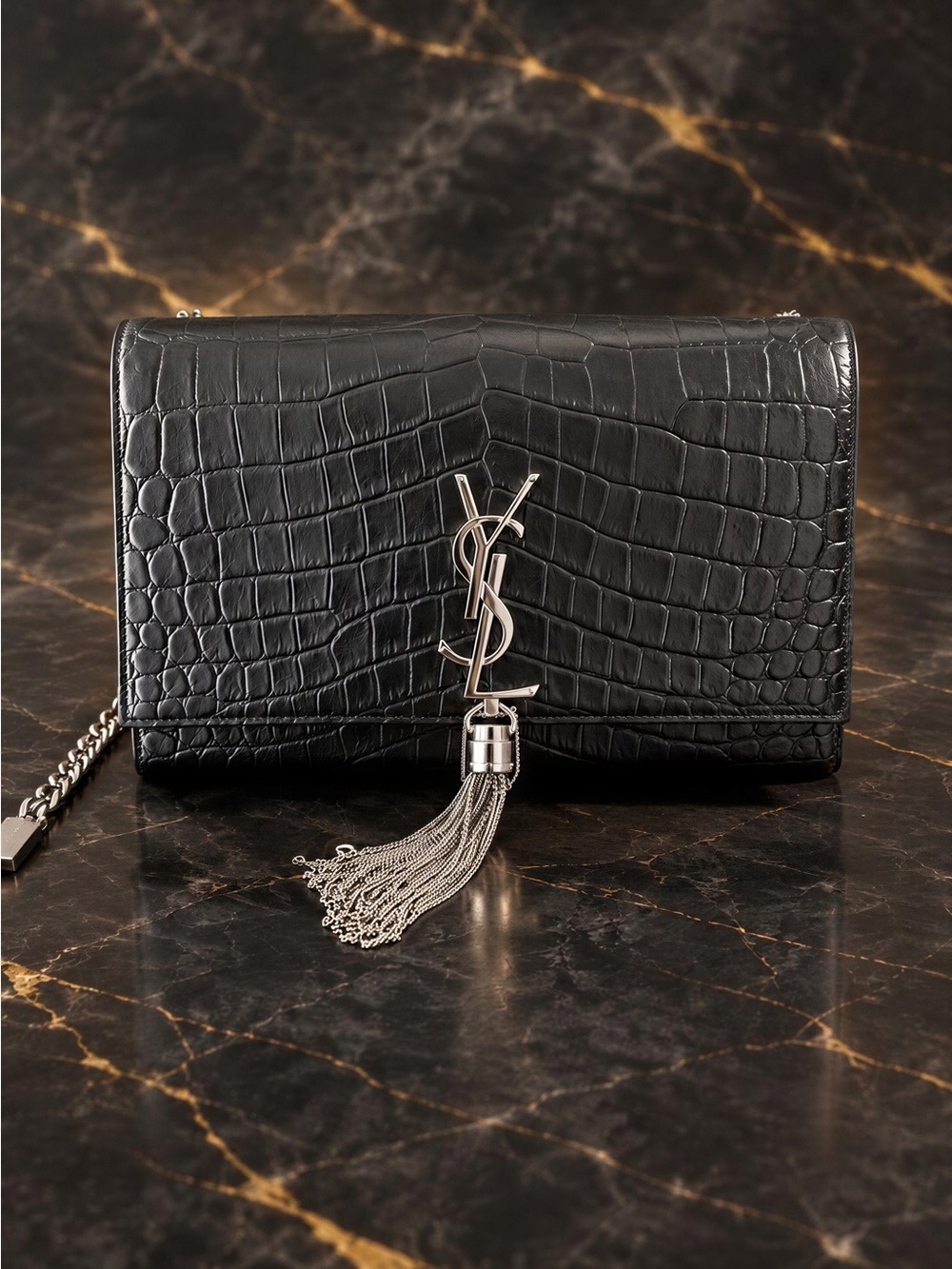 Saint Laurent Black Croc-Embossed Tassel Monogram Chain Crossbody